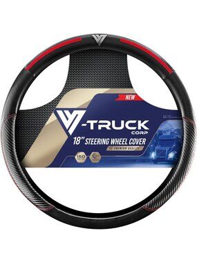 Genuine Leather Steering Wheel Cover for Trucks – Black & Red Stripes, Non-Slip